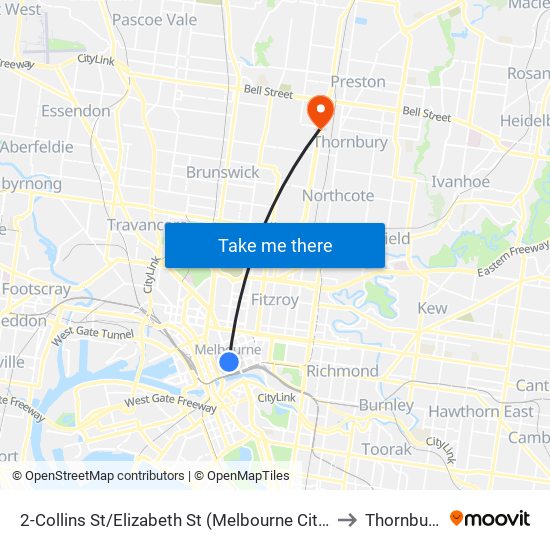 2-Collins St/Elizabeth St (Melbourne City) to Thornbury map