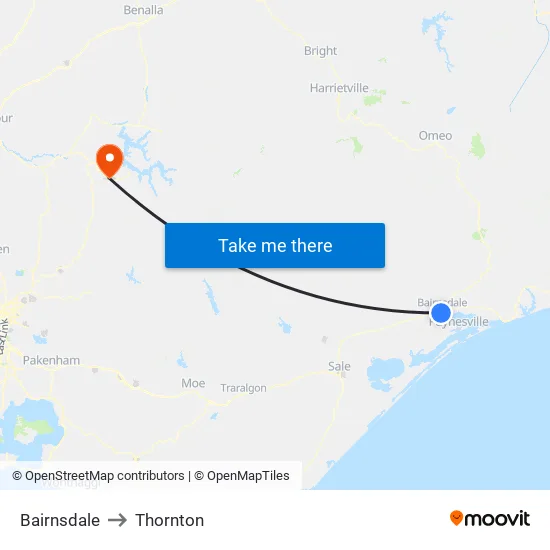 Bairnsdale to Thornton map