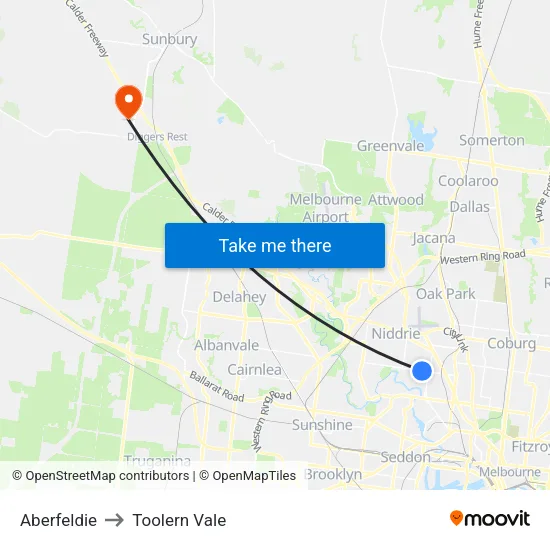 Aberfeldie to Toolern Vale map