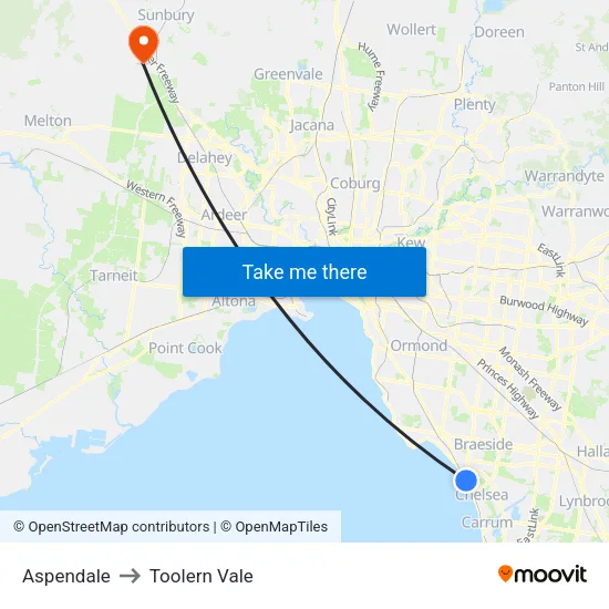 Aspendale to Toolern Vale map