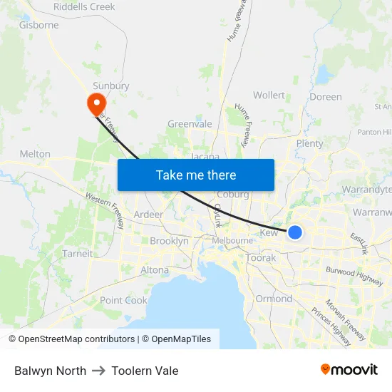 Balwyn North to Toolern Vale map