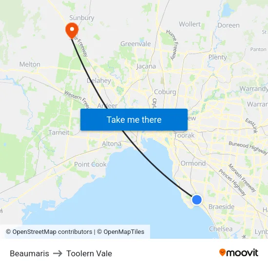 Beaumaris to Toolern Vale map