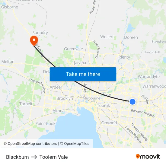 Blackburn to Toolern Vale map