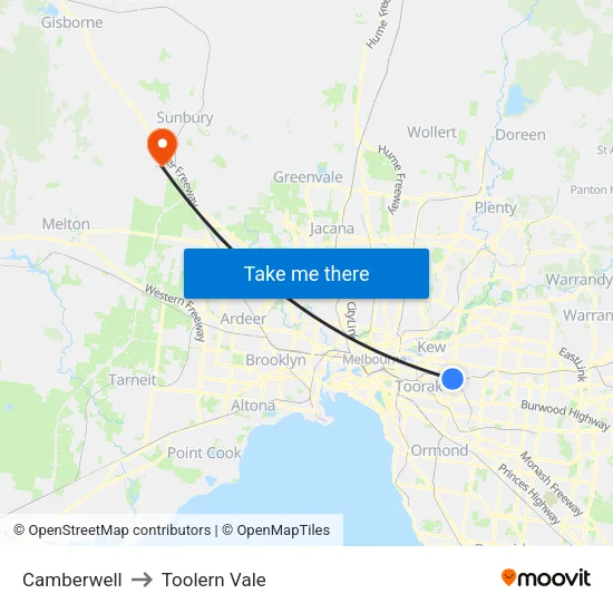 Camberwell to Toolern Vale map