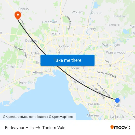 Endeavour Hills to Toolern Vale map