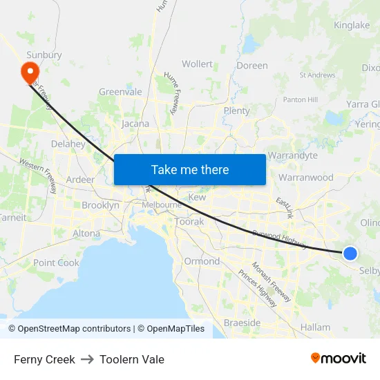 Ferny Creek to Toolern Vale map