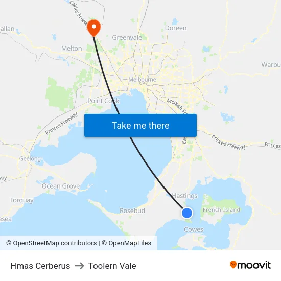 Hmas Cerberus to Toolern Vale map