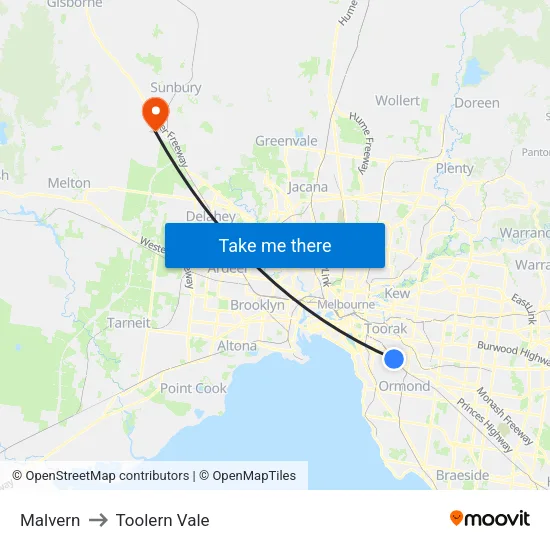 Malvern to Toolern Vale map