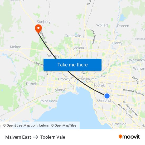 Malvern East to Toolern Vale map