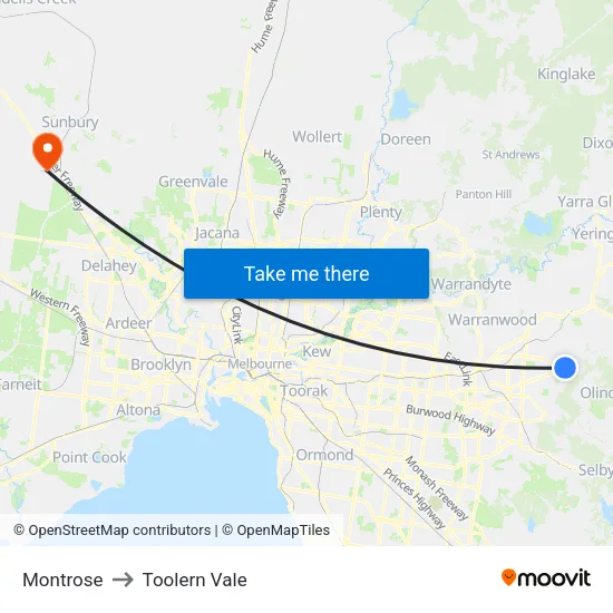 Montrose to Toolern Vale map
