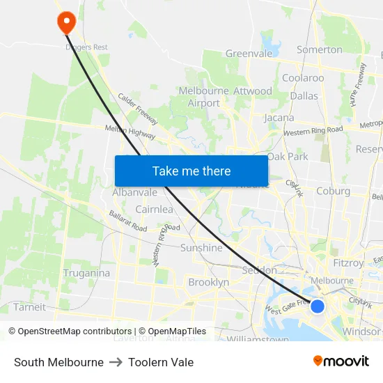 South Melbourne to Toolern Vale map