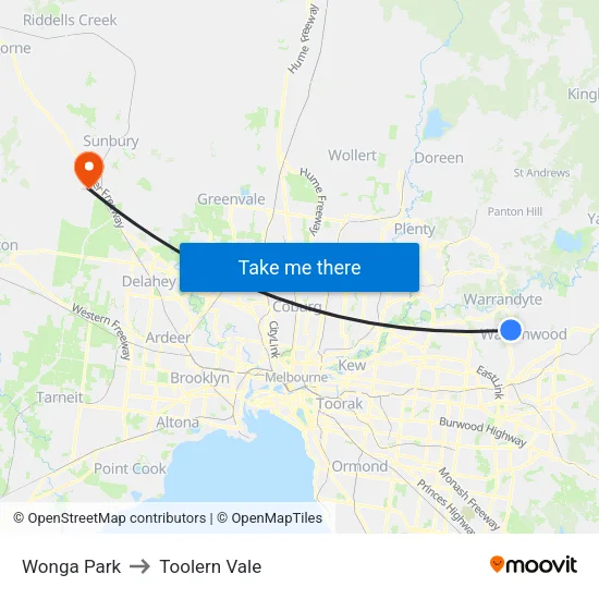 Wonga Park to Toolern Vale map
