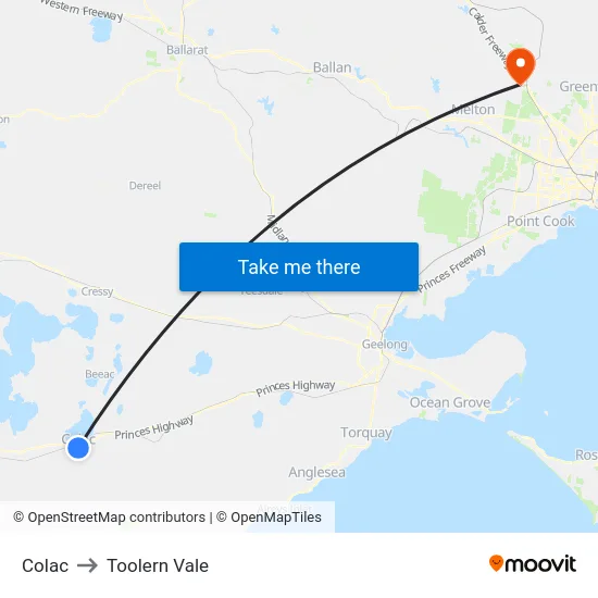 Colac to Toolern Vale map