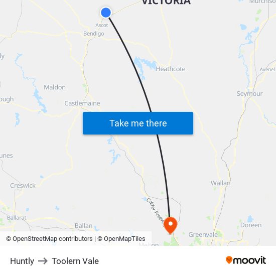 Huntly to Toolern Vale map