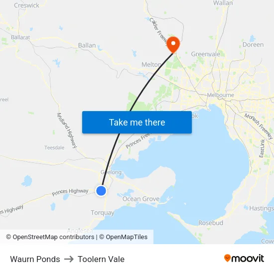 Waurn Ponds to Toolern Vale map