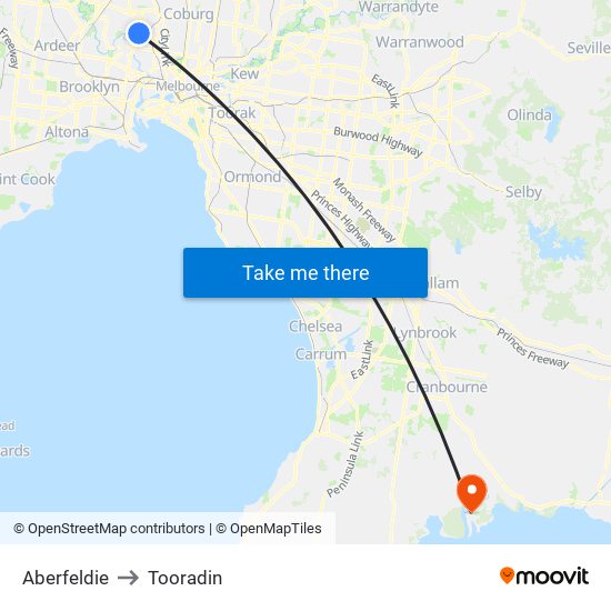 Aberfeldie to Tooradin map