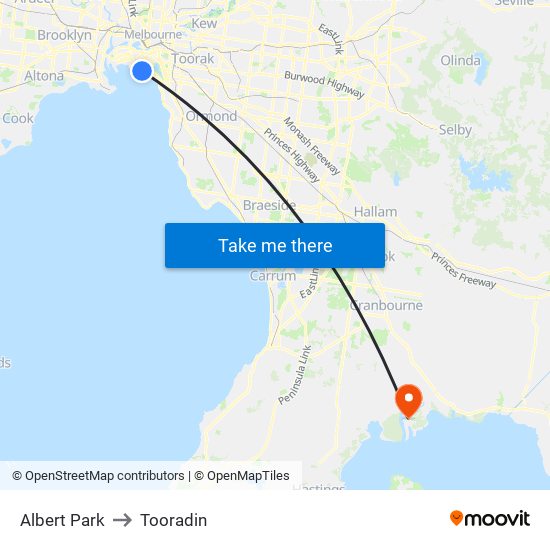 Albert Park to Tooradin map