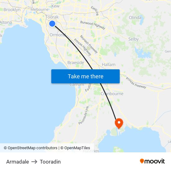 Armadale to Tooradin map