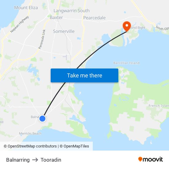 Balnarring to Tooradin map