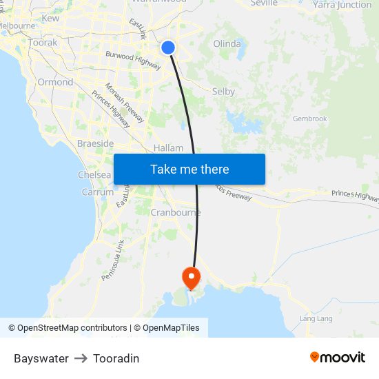 Bayswater to Tooradin map