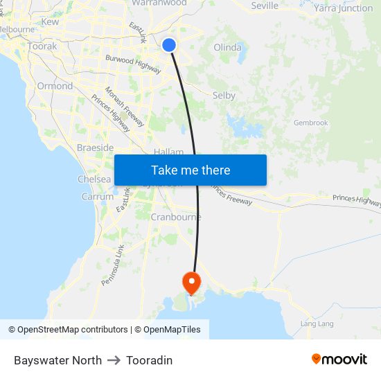 Bayswater North to Tooradin map