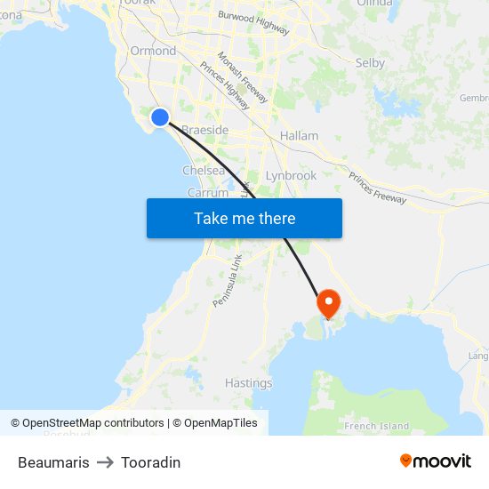 Beaumaris to Tooradin map