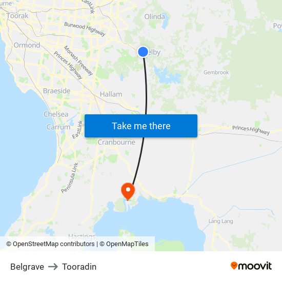 Belgrave to Tooradin map