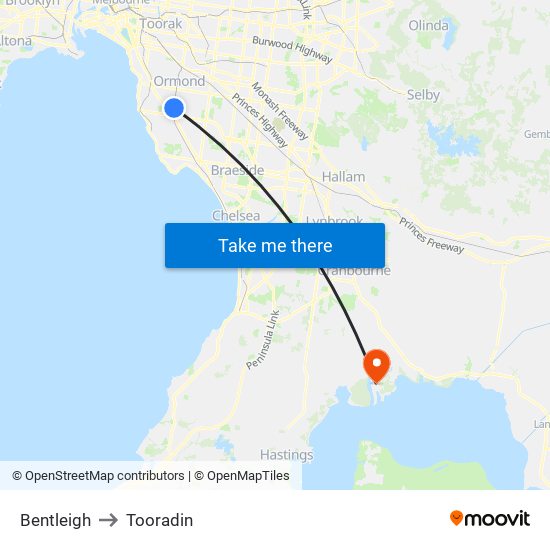 Bentleigh to Tooradin map