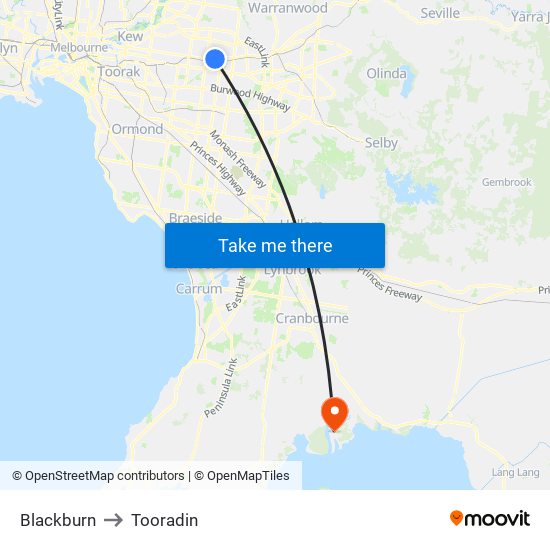 Blackburn to Tooradin map