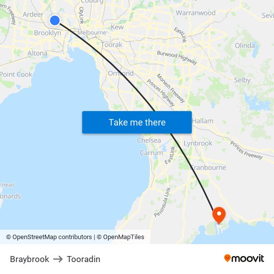 Braybrook to Tooradin map