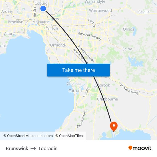 Brunswick to Tooradin map