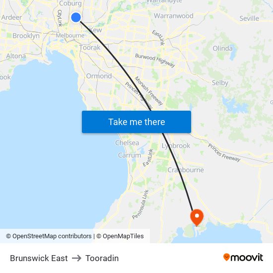Brunswick East to Tooradin map