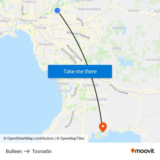 Bulleen to Tooradin map