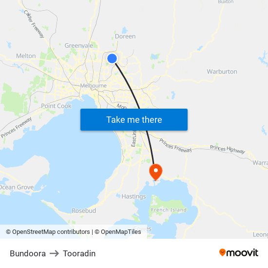 Bundoora to Tooradin map