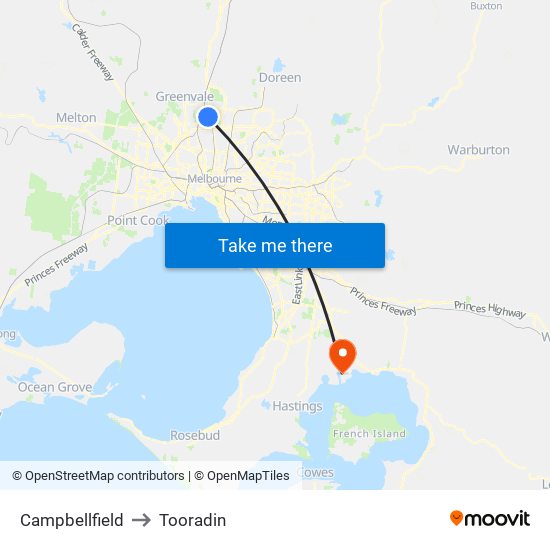 Campbellfield to Tooradin map