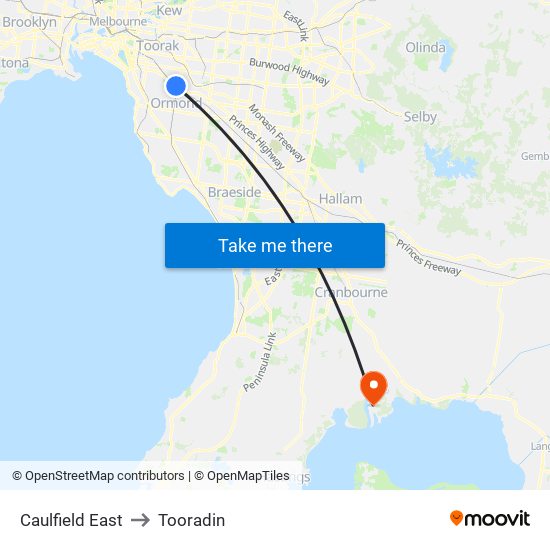 Caulfield East to Tooradin map