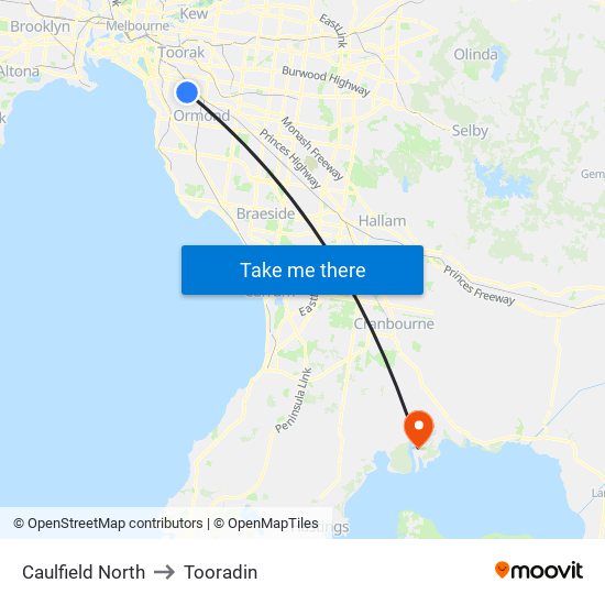 Caulfield North to Tooradin map