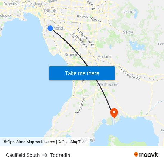 Caulfield South to Tooradin map