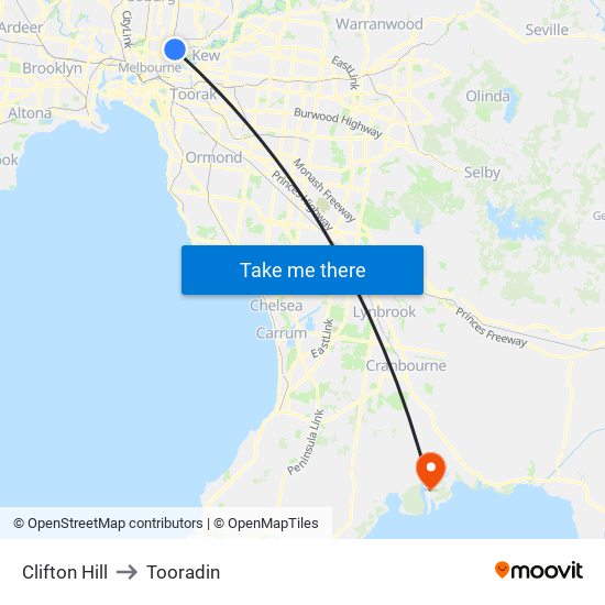 Clifton Hill to Tooradin map