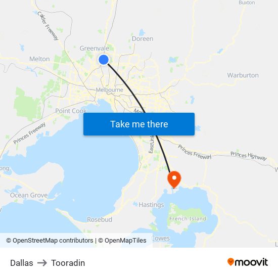 Dallas to Tooradin map