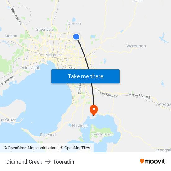 Diamond Creek to Tooradin map