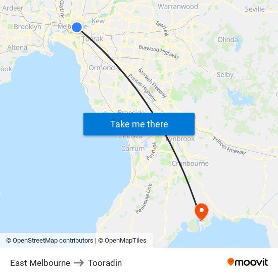 East Melbourne to Tooradin map