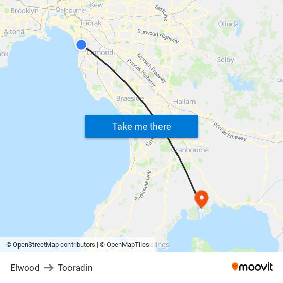 Elwood to Tooradin map