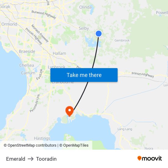 Emerald to Tooradin map
