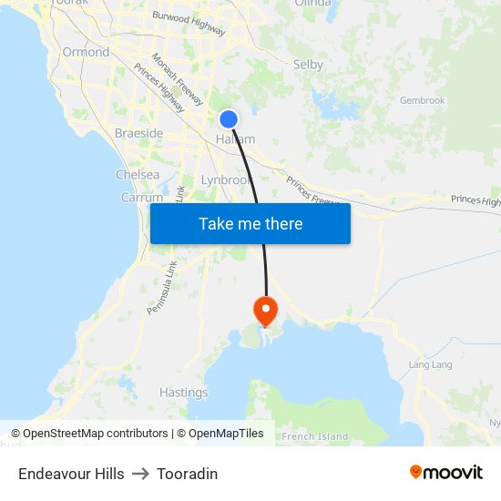 Endeavour Hills to Tooradin map