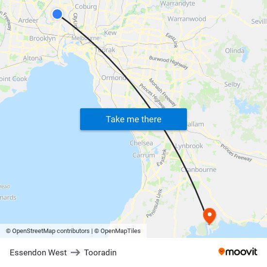 Essendon West to Tooradin map