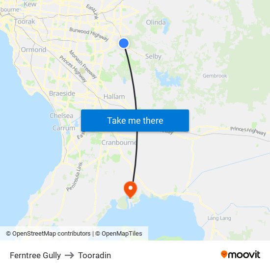 Ferntree Gully to Tooradin map