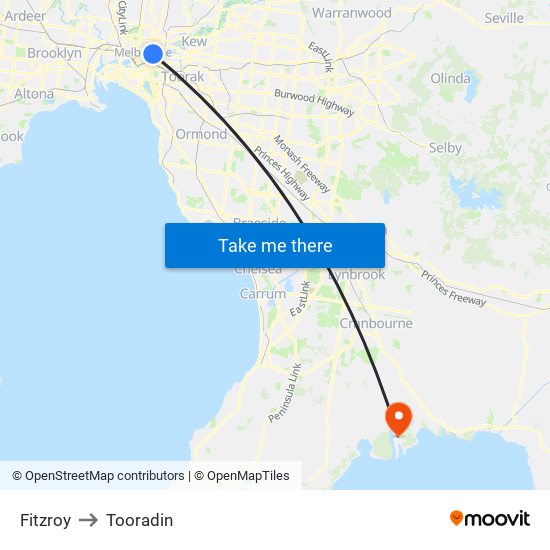 Fitzroy to Tooradin map