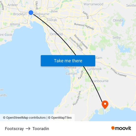 Footscray to Tooradin map