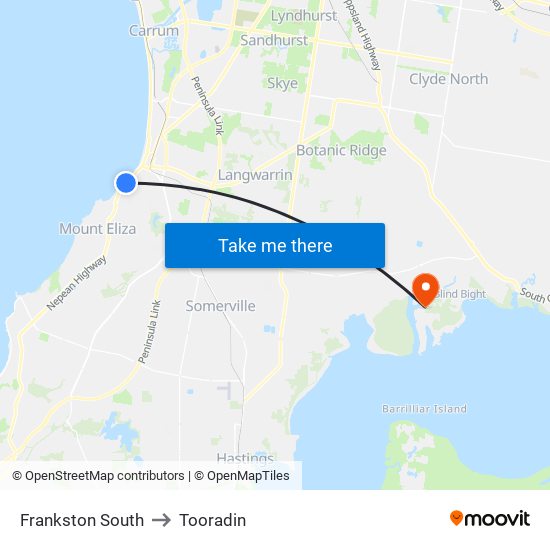 Frankston South to Tooradin map